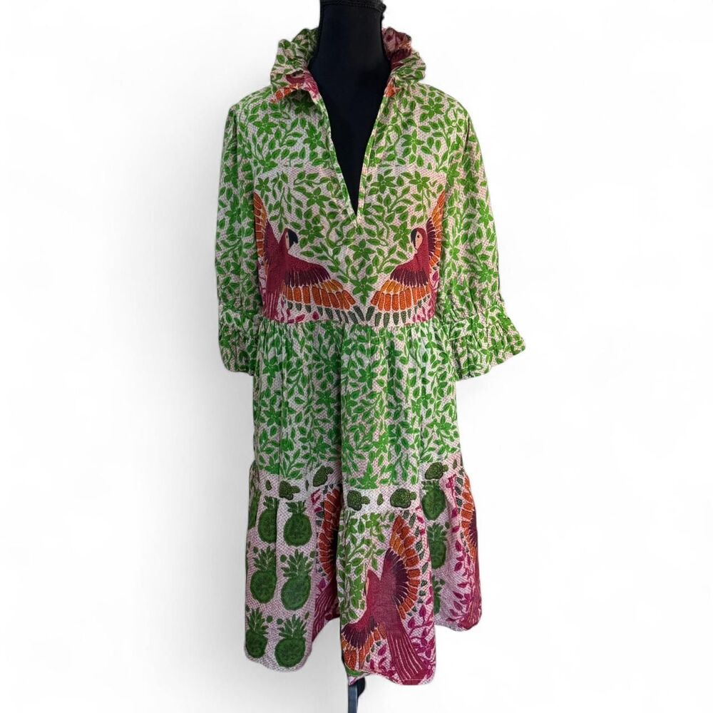 Be Boho Natural Wear Dress with Green Leaf and Parrot pattern Sz S